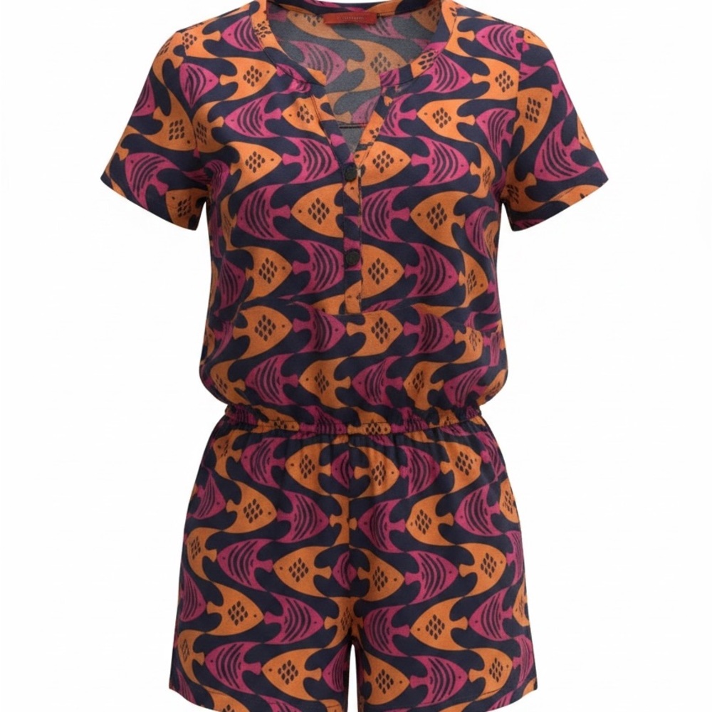 Tracy Negoshian Short Sleeve Romper in Pink & Orange Abstract Print